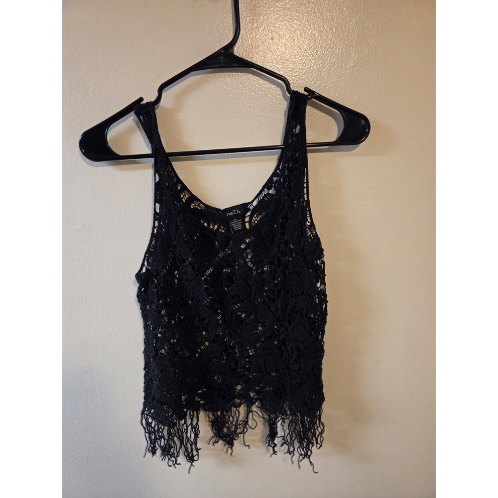 Rue21 Womens Black Crochet Fringe Tank Top Medium Large Boho Festival Cotton